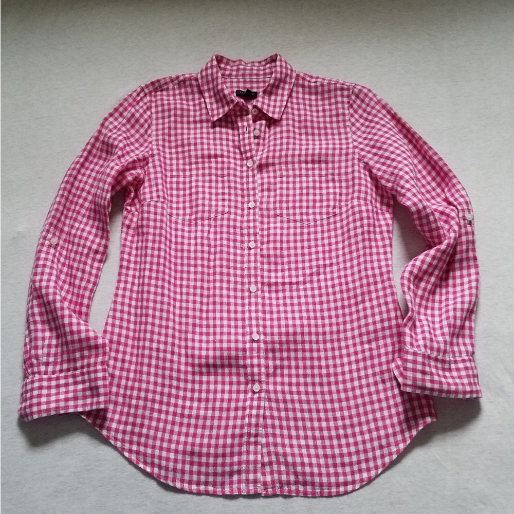 Talbots Pink Gingham Linen Button Down Shirt S - image 2